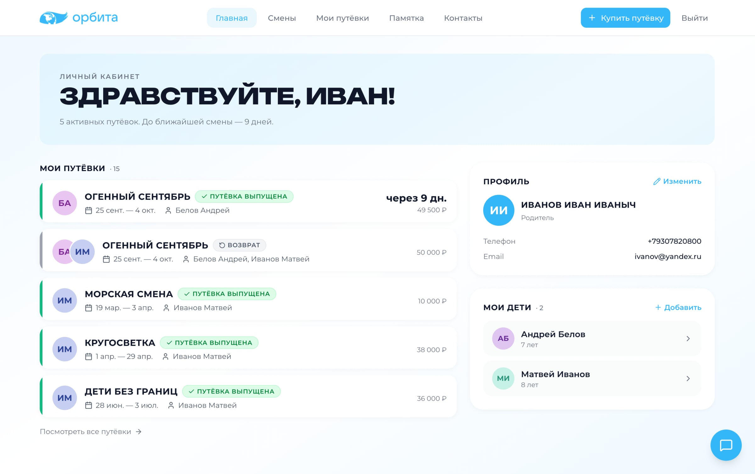 Главная личного кабинета родителя: путёвки и их статусы, профиль, дети и чат с лагерем